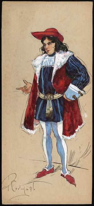 Digital Print - A man stands with a finger pointed, wearing a red hat, blue doublet and hose and a red overgarment by Plinio Codognato
