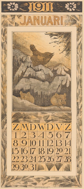 Digital Print - Kalenderblad januari met winterkoninkje en muizen by Theo van Hoytema