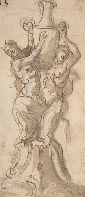 Digital Print - Design for a Statue consisting of a Satyr and Satyress Lifting a Vase by Giovanni Battista Foggini