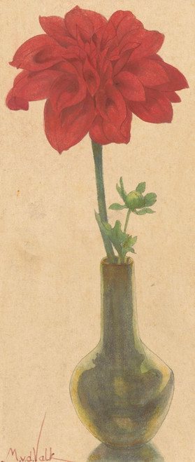Digital Print - Glazen vaasje met rode Dahlia by Maurits van der Valk