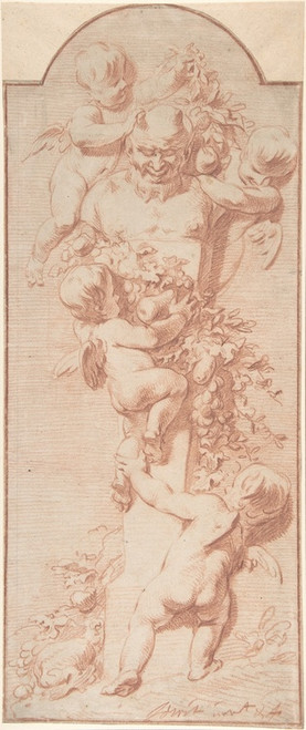 Digital Print - Design for a Panel with Four Putti Decorating a Herm (Terminal Figure) with Garlands of Fruit and Foliage by Jacob de Wit
