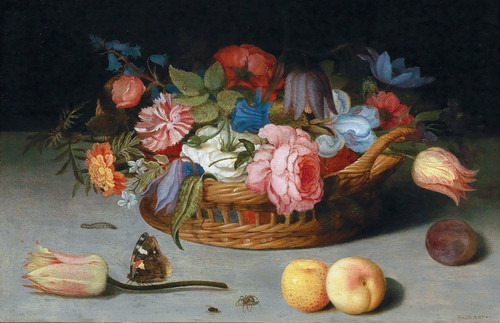 Roses, Tulips, Irises And Other Flowers In A Wicker Basket, With Fruit And Insects On A Ledge by Balthasar van der Ast: Digital File: JPG