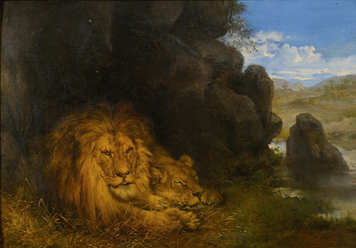 Two Lions In A Cave by Wilhelm Kuhnert: Digital File: JPG