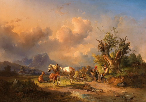 A peasant resting with grazing animals and a foal by Edmund Mahlknecht: Digital File: JPG