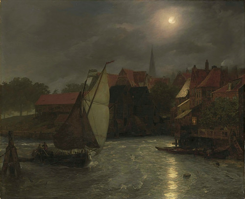 Boats On A Canal, Moonlight by Andreas Achenbach: Digital File: JPG