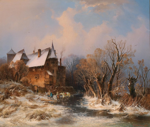 River Landscape In Winter With House And Decorative Figures by Adolf Stademann: Digital File: JPG