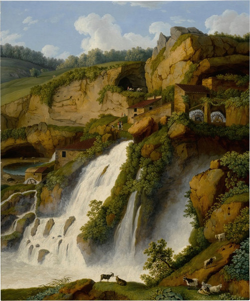View of the Waterfall at Anitrella with Goats grazing nearby by Jakob Philipp Hackert: Digital File: JPG