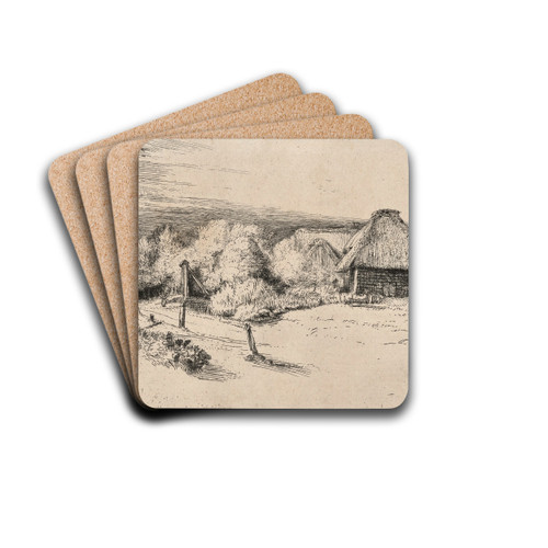 Landscape with a Farm Building and the 'House with the Tower' by Rembrandt van Rijn Drink Coasters - set of 4