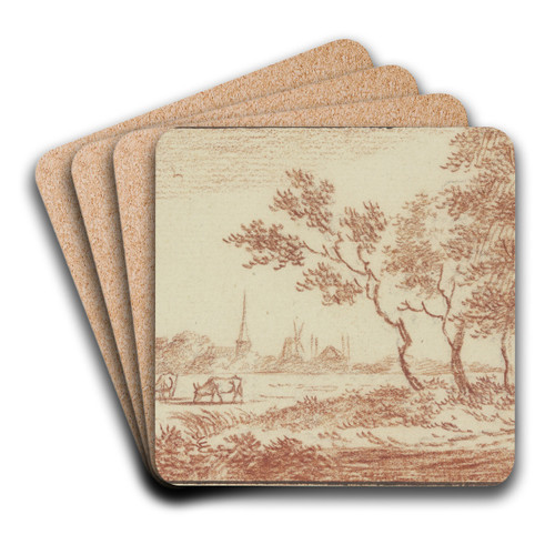 Wiese vor einem Dorf, rechts zwischen Bumen ein Wagen by Jacob Cats Art Drink Coaster set