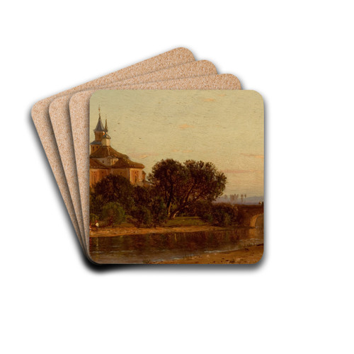 European River View with Bridge and Church by Samuel Colman Drink Coasters - set of 4