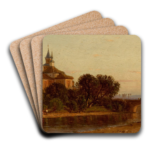 European River View with Bridge and Church by Samuel Colman Art Drink Coaster set