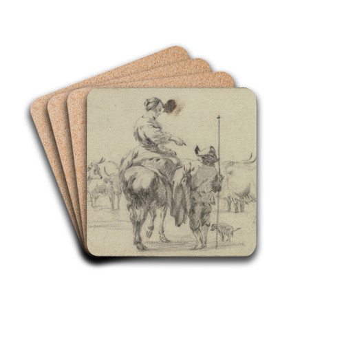 Hirtin zu Pferde, zwei Hirten zu Fu, bei einer Kuhherde by Nicolaes Pietersz. Berchem Drink Coasters - set of 4