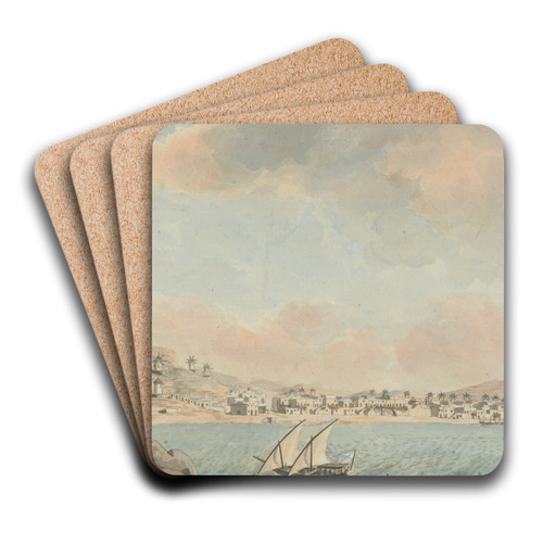 Harbour Town Surrounded by Windmills by Willey Reveley Art Drink Coaster set