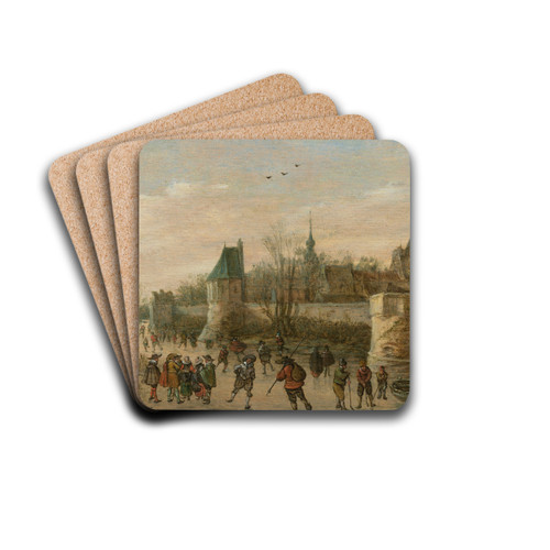 A winter landscape with townspeople ice skating before a fortified town by Jan van Goyen Drink Coasters - set of 4