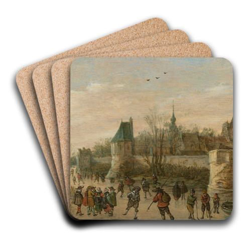 A winter landscape with townspeople ice skating before a fortified town by Jan van Goyen Art Drink Coaster set