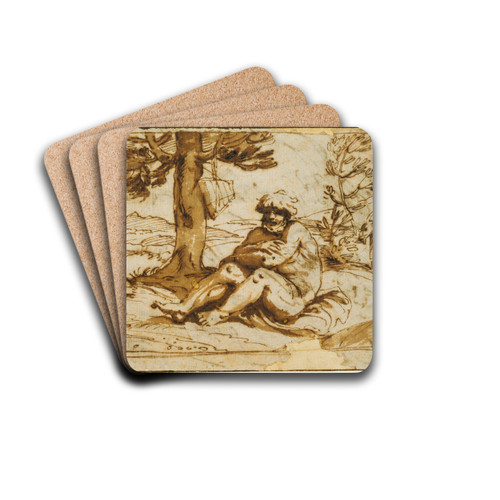 Amor, Playing the Flute, and Silen in an Arcadian Landscape by Annibale Carracci Drink Coasters - set of 4