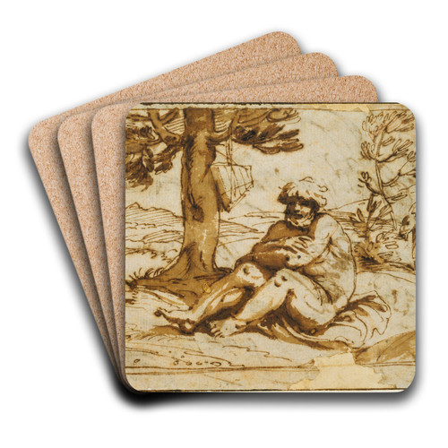 Amor, Playing the Flute, and Silen in an Arcadian Landscape by Annibale Carracci Art Drink Coaster set