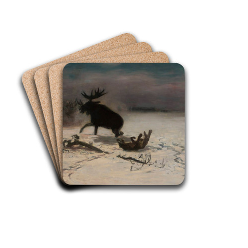 Elk fighting the wolves by Julian Falat Drink Coasters - set of 4