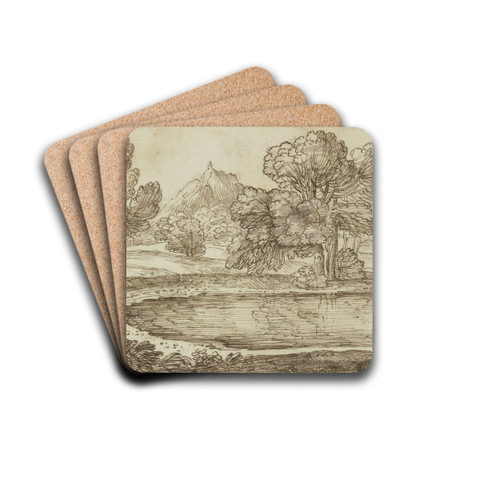 Baumpartie am Wasser, rechts Kahn mit zwei Figuren by Giovanni Francesco Grimaldi Drink Coasters - set of 4