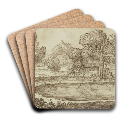 Baumpartie am Wasser, rechts Kahn mit zwei Figuren by Giovanni Francesco Grimaldi Art Drink Coaster set
