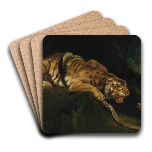A Tiger Struggling With A Snake by Giulio Aristide Sartorio Art Drink Coaster set