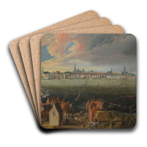 Panoramic view of the city of Antwerp across the River Scheldt by Jan Wildens Art Drink Coaster set