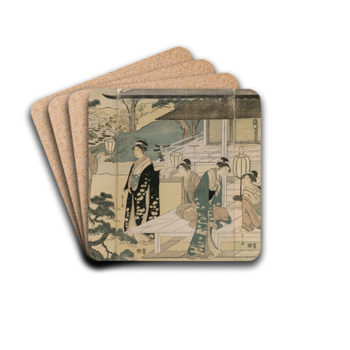 The Matsukaze Chapter of the Tale of Genji (from the series The Tale of Genji in Elegant Modern Dress) by Chbunsai Eishi Drink Coasters - set of 4
