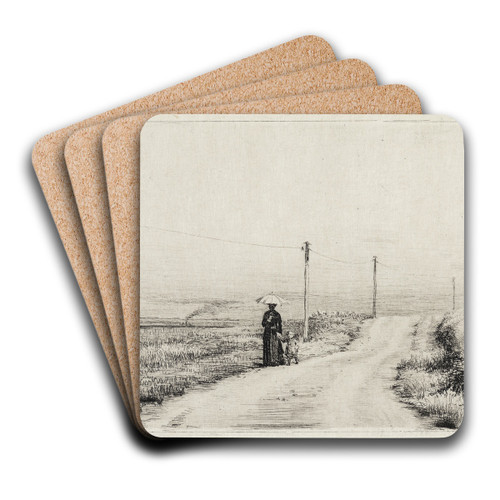 Landevej med spadserende dame Solskinseftermiddag by Carl Bloch Art Drink Coaster set
