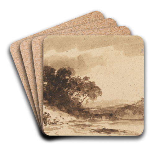 River Landscape with Two Figures, Lake and Distant Mountains by John Varley Art Drink Coaster set