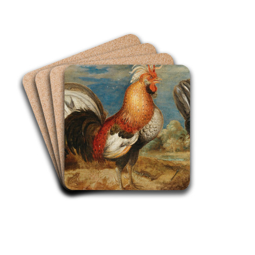 A rooster and chicken in a landscape by Roelant Savery Drink Coasters - set of 4