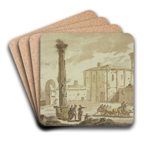 Von Ruinen umstandener Platz mit einer frei stehenden Sule, die Rotunde dem Tempel des Hercules Victor auf dem Forum Boarium in Rom nachempfunden by Jacob van der Ulft Art Drink Coaster set