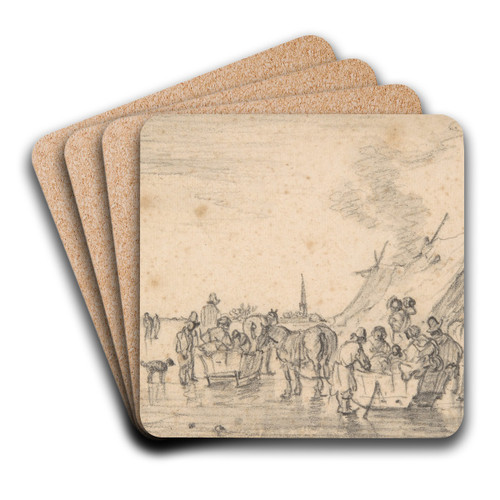River Landscape in Winter with Figures Skating and Sleds by Jan van Goyen Art Drink Coaster set