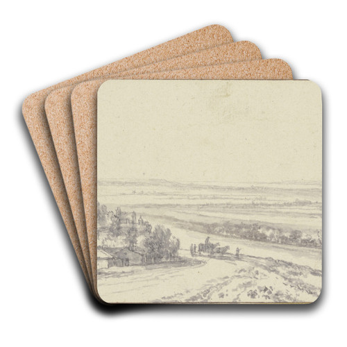 Landschaft mit einem Flu, links Gebude unter Bumen, auf der Landstrae ein Wagen und einige Figuren by Antonie Waterloo Art Drink Coaster set