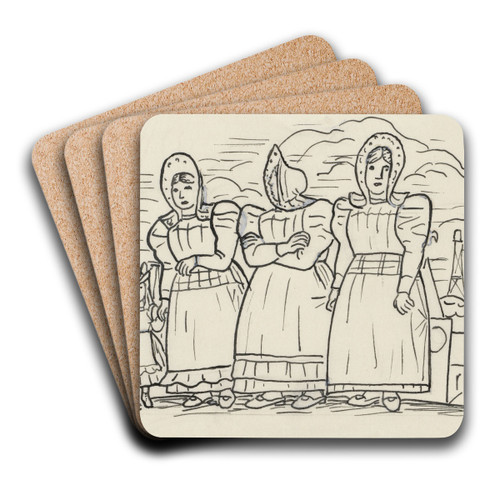 Ontwerp voor een vignet voor het maandblad voor Beeldende Kunsten; Drie vissersvrouwen en een meisje by Leo Gestel Art Drink Coaster set