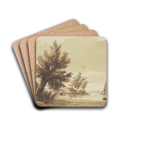 Flugegend, rechts ein Kran, links ein Weidenbaum by Hendrik Spilman Drink Coasters - set of 4
