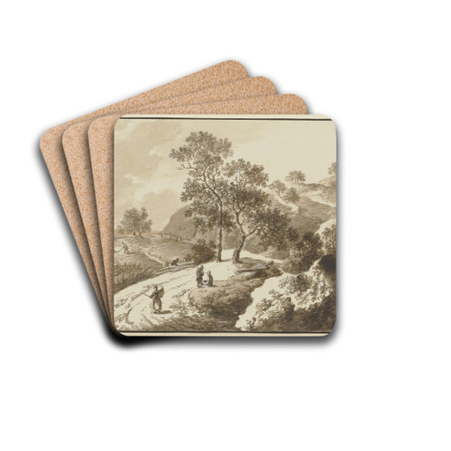 Bewaldete Anhhe hinter einem Acker, Staffagefiguren auf dem Weg und dem Feld by Johann Alexander Thiele Drink Coasters - set of 4
