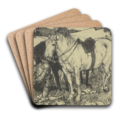Kneeling knight at the well by Fritz Boehle Art Drink Coaster set