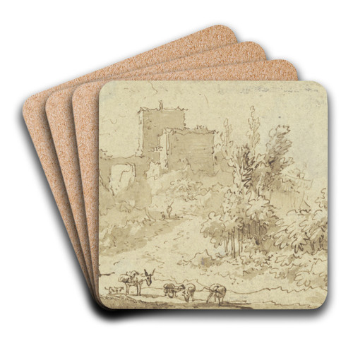 Burgruine, vorne ein Hirte mit Eseln und Schafen by Nicolaes Pietersz. Berchem Art Drink Coaster set