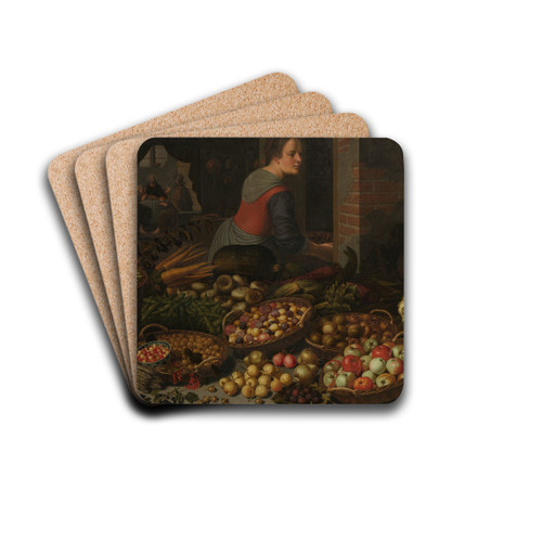 Still Life with Fruit and Vegetables, with Christ at Emmaus in the background by Floris van Schooten Drink Coasters - set of 4