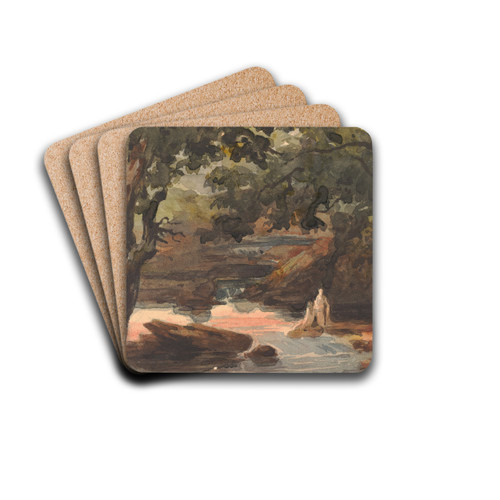 Two Figures in Stream, Bordered by Large Trees by Thomas Sully Drink Coasters - set of 4