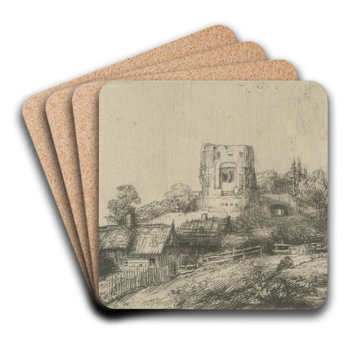 Landscape with a square Tower by Rembrandt van Rijn Art Drink Coaster set