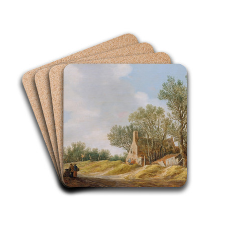Village Street with People Resting at a Brigde by Jan van Goyen Drink Coasters - set of 4 Village Street with People Resting at a Brigde by Jan van Goyen Drink Coasters - set of 4