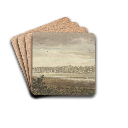 Landschaft, im Hintergrunde ein langes Wldchen, vorne Felder mit einigen Fruchtgarben by Jacob van Liender Drink Coasters - set of 4 Landschaft, im Hintergrunde ein langes Wldchen, vorne Felder mit einigen Fruchtgarben by Jacob van Liender Drink Coasters - set of 4