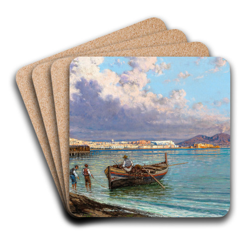 Fishermen in Naples, with Vesuvius in the Background by Giuseppe Carelli Art Drink Coaster set