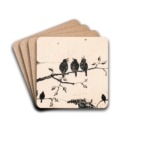 Negen vogels op boomtakken by A. Tinbergen Drink Coasters - set of 4 Negen vogels op boomtakken by A. Tinbergen Drink Coasters - set of 4