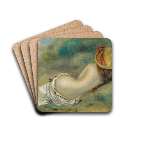 Baigneuse Allonge De Dos Avec Un Chapeau De Paille Or Femme Couche Sur L'herbe by Pierre-Auguste Renoir Drink Coasters - set of 4 Baigneuse Allonge De Dos Avec Un Chapeau De Paille Or Femme Couche Sur L'herbe by Pierre-Auguste Renoir Drink Coasters - set of 4