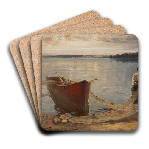 Netzflickende Fischer am Chiemseeufer by Joseph Wopfner Art Drink Coaster set