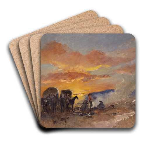 Campfire at Sunrise in the Laramie Plains by Frank Buchser Art Drink Coaster set