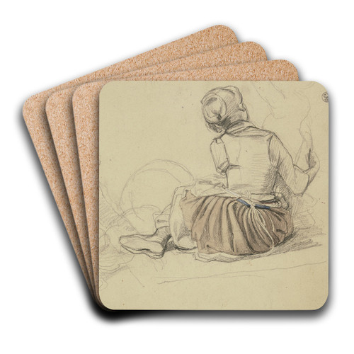 Zwei auf dem Boden sitzende Mdchen, das rechte ein Kleinkind sttzend by Jakob Becker Art Drink Coaster set