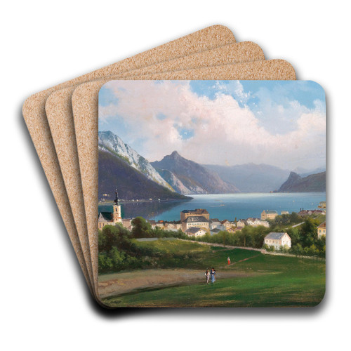 A View of Gmunden on Lake Traunsee by Ferdinand Lepie Art Drink Coaster set
